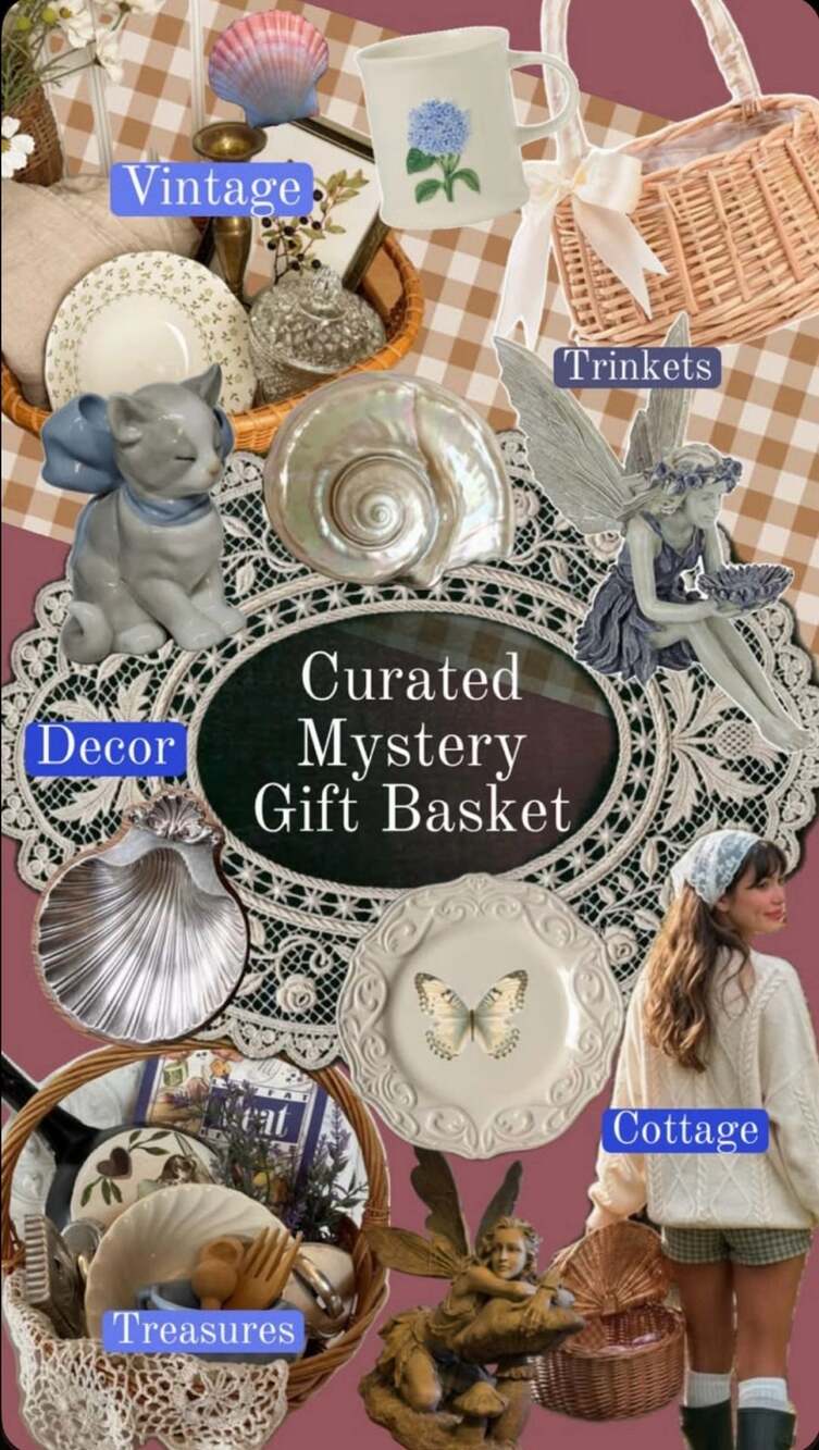 Curated Mystery Gift Basket Cottage Vintage Trinket Treasure Cute Home Decor